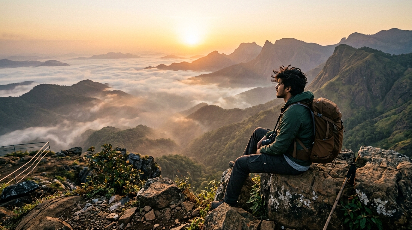 Traveller sitting peacefully on mountain cliff overlooking misty Western Ghats valley at sunrise